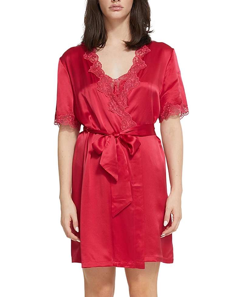 Ginia Silk Short Wrap Gown With Lace Trim Robe In Red