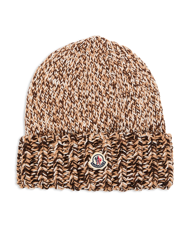 Moncler Logo Patch Rib Wool Beanie In Brown