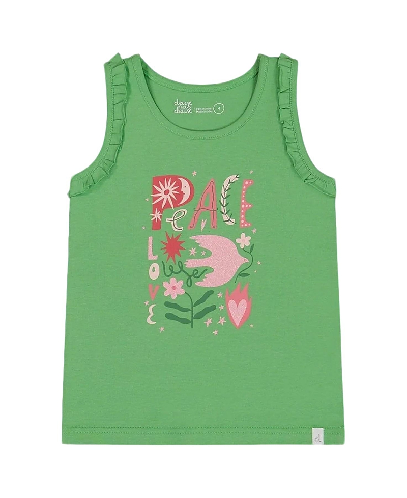 Deux Par Deux Girls' Organic Cotton Tank With Frills Flowers On Background - Little Kid