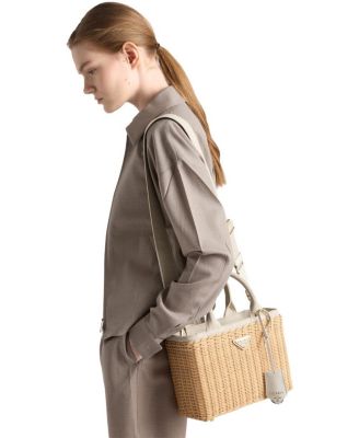 Medium Wicker and Linen Blend Tote Bag
