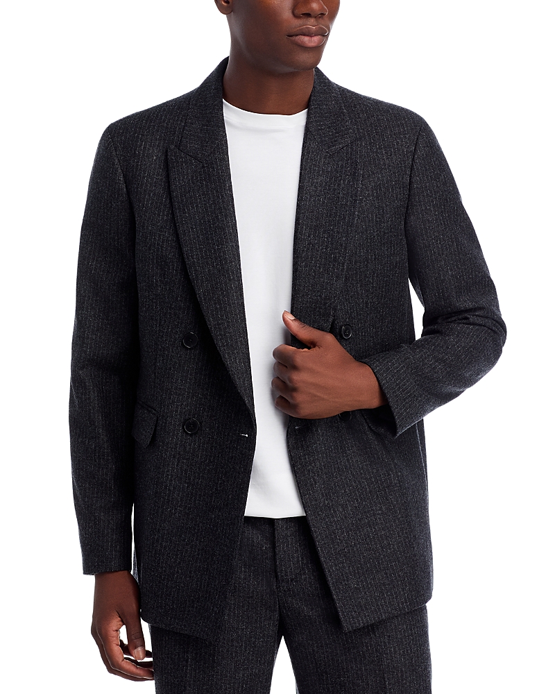 Frame Pinstripe Wool Blend Double Breasted Blazer In Black