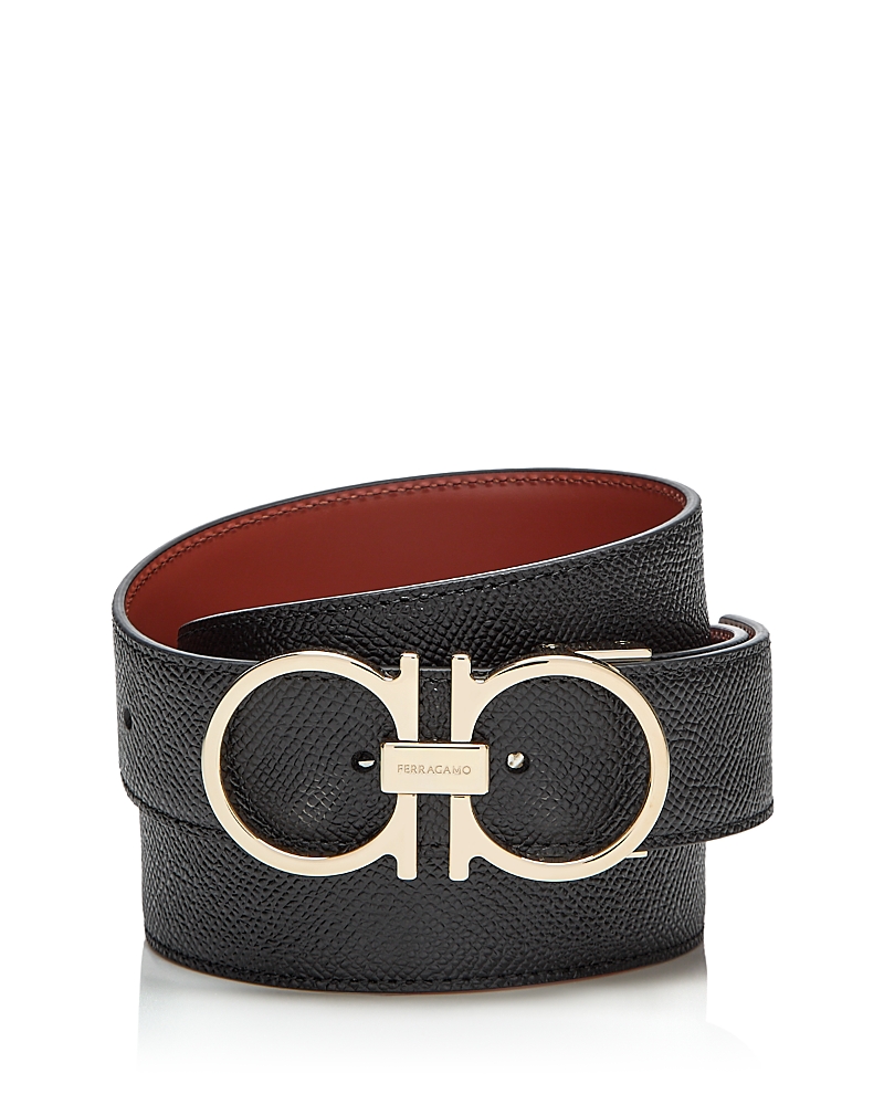 Ferragamo Double Gancini Leather Belt In Black
