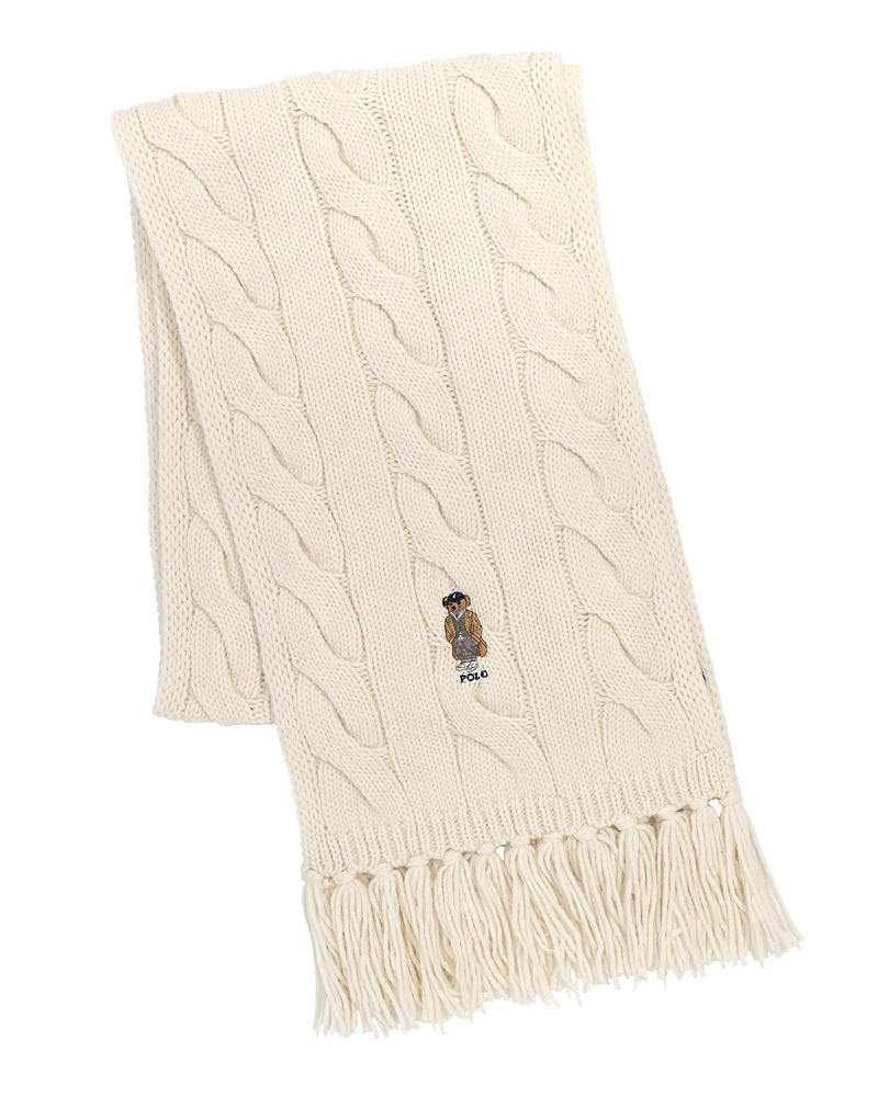 Polo Ralph Lauren Cable-knit Bear-embroidered Scarf In Neutral