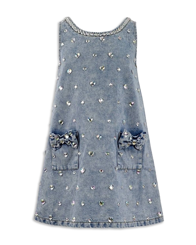 Lola + The Boys Girls' Crystal Heart Denim Bow Dress - Little Kid, Big Kid In Gray