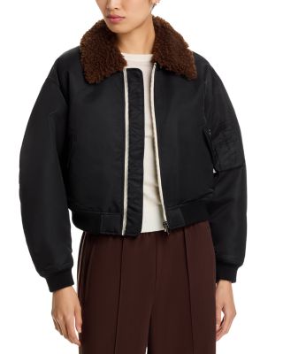 Shrunken Shearling Trim Bomber Jacket