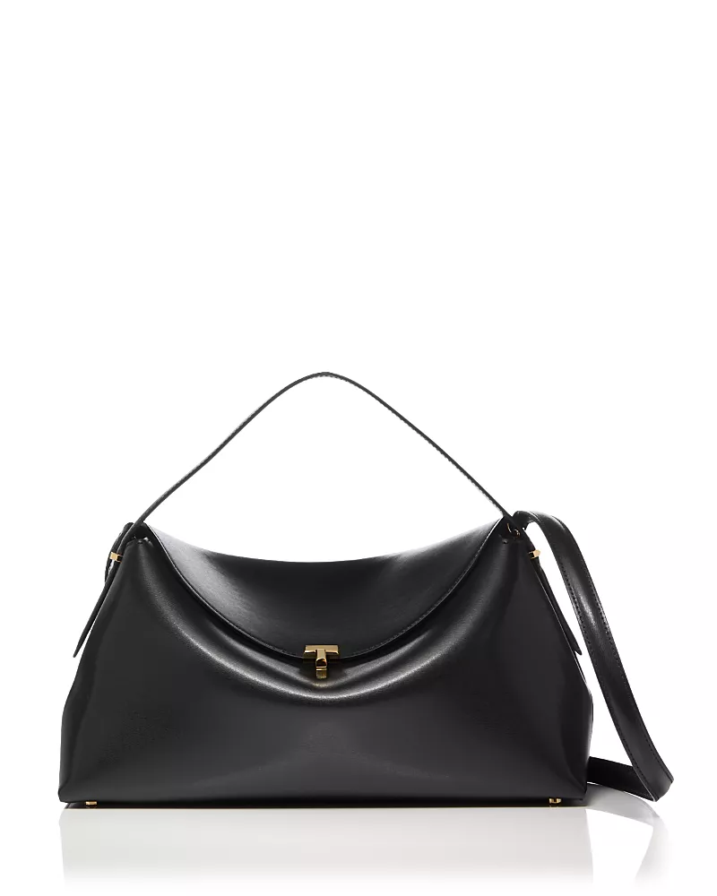 Toteme T-Lock Smooth Leather Convertible Top Handle Bag in Black