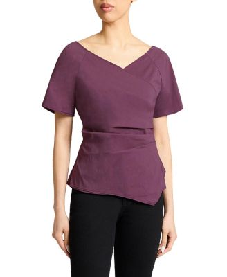 MURPHY Short Sleeve Wrap Top with Asymmetric Tucked Closure in Stretch Cotton Blend