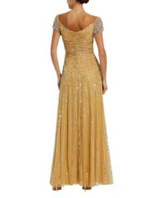  Striped Sequin Mesh Gown with Beaded Shoulders