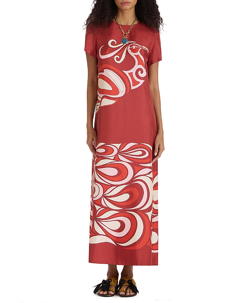 La Doublej Swing Feather-trimmed Silk Maxi Dress In Multi