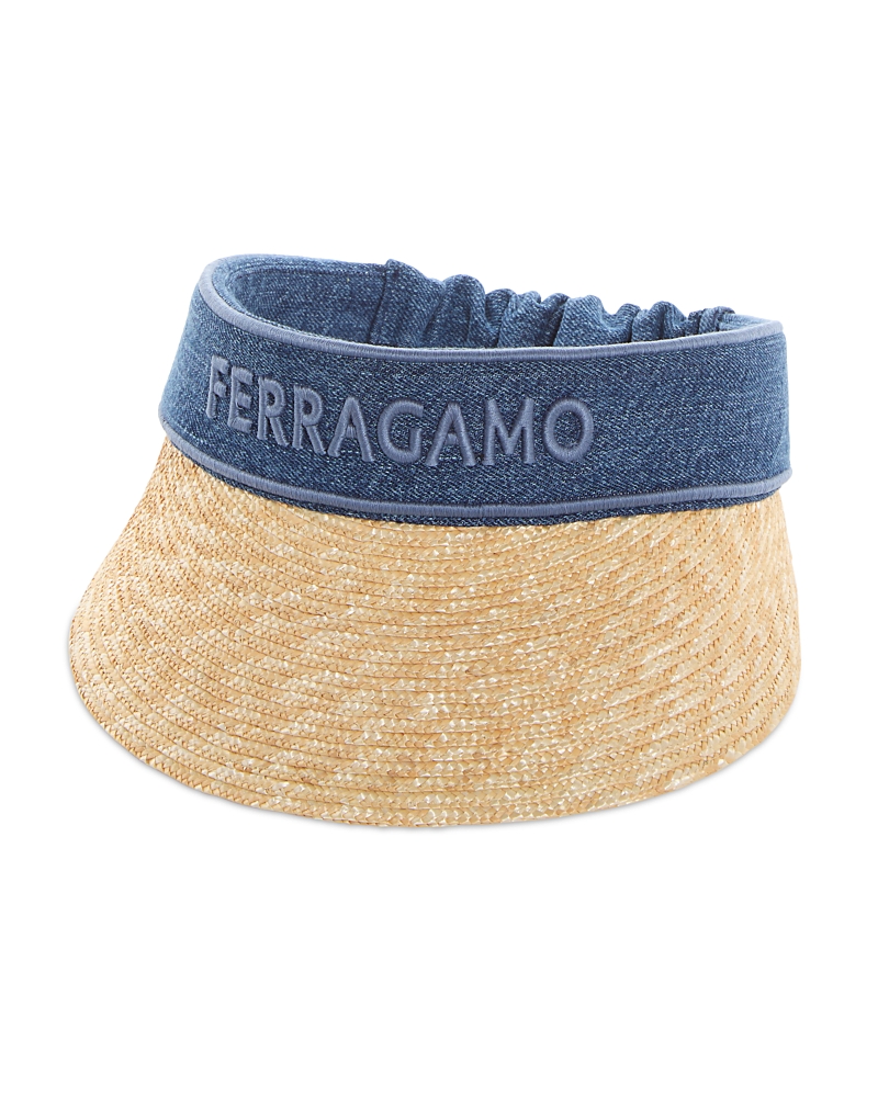 Ferragamo Straw Visor With Denim Logo Band In Neutral