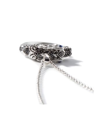 Brushed Sterling Silver Naga Pendant Necklace with Black Sapphire, Black Spinel and Blue Sapphire Eyes, 16"