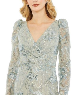 Embroidered Wrap Over Puff Sleeves Trumpet Gown
