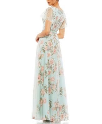 Embellished Floral Gown with Mesh Flutter Sleeves and Beaded Waist