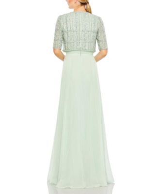  Beaded 3/4 Sleeve Chiffon Gown