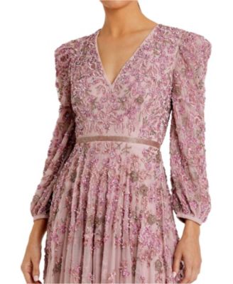 Embellished V Neck 3/4 Sleeve A Line Gown