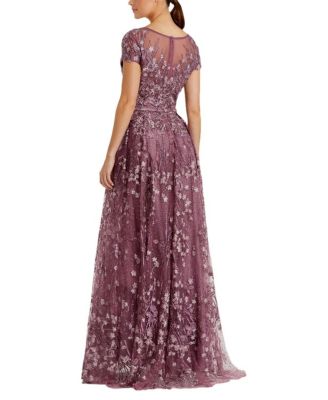 Embroidered Tulle Cap Sleeve Gown