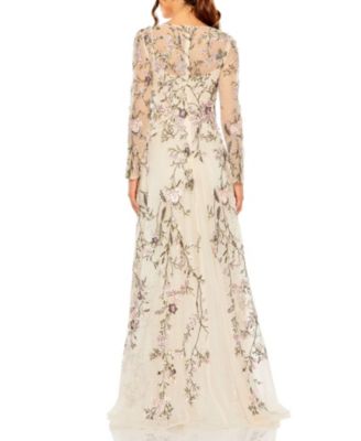 V Neck Long Sleeve Embroidered Gown