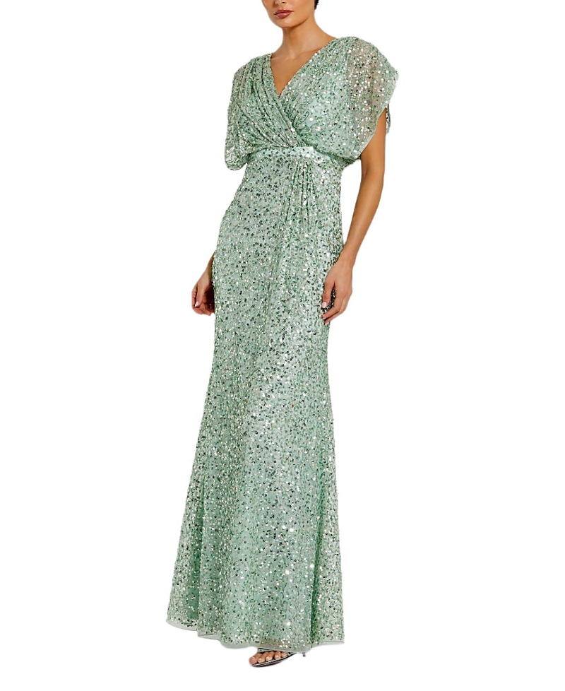 Mac Duggal Draped Sleeves Ruched Waist Detail V-Neck Gown