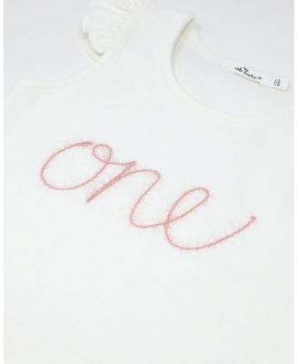 Girls "one" Pink Sparkle Embroidered Flutter Sleeve Tank - Baby