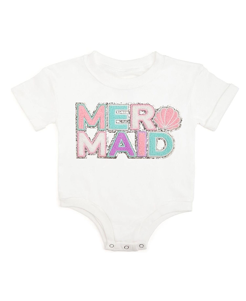 Sweet Wink Girls' Mermaid Patch Short Sleeve Romper - Baby In White