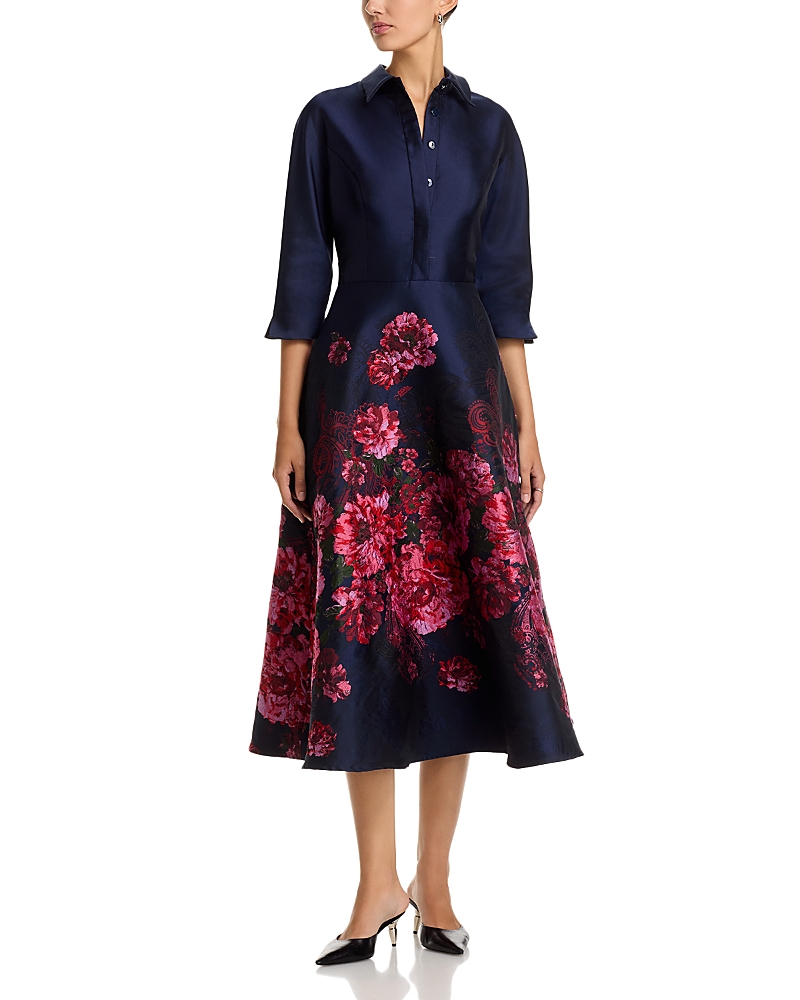 Teri Jon By Rickie Freeman Jacquard Floral Shirt Waist Dress In Blue