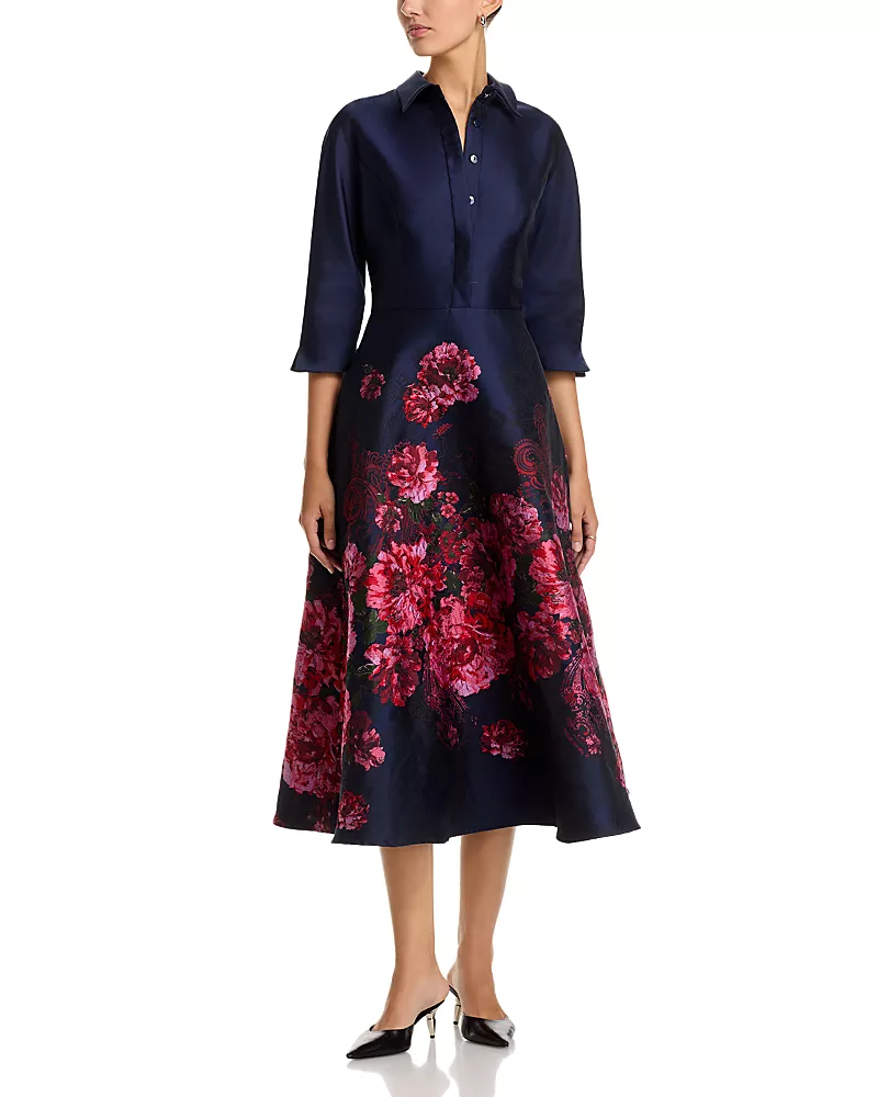 Teri Jon by Rickie Freeman Jacquard Floral Shirt Waist Dress