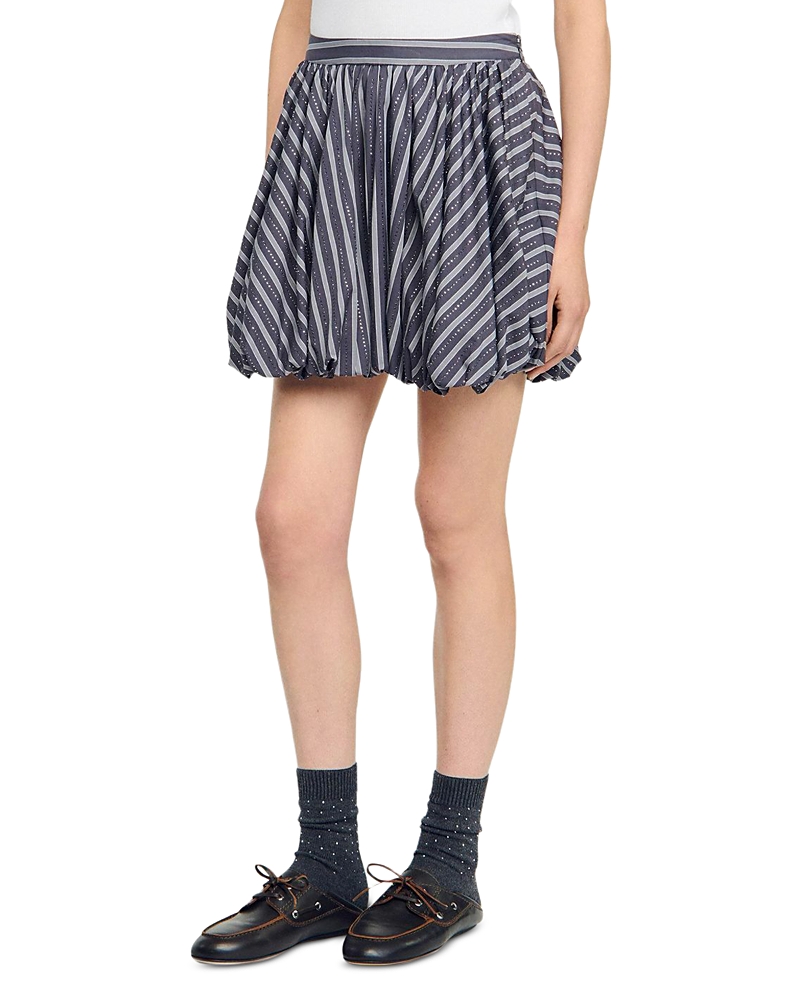 Sandro Womens Striped Rhinestone-embellished Cotton Mini Skirt Grey In Gray