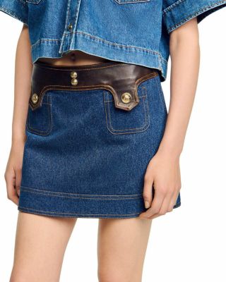 Leather Trim Mini Denim Skirt 