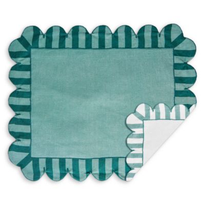 Jardin Embroidered Linen Scalloped Stripe Double-Sided Placemats, Set of 4