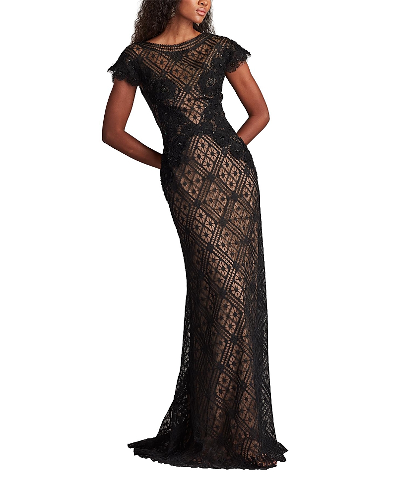 Tadashi Shoji Embellished Flutter Sleeve Lace Mermaid Gown In Multi