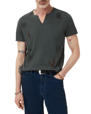 Regular Fit Embroidered Raw Edge V Neck Tee