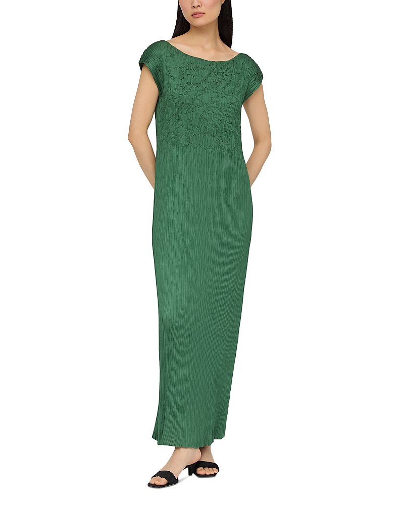 Lafayette 148 Satin Plisse Smocked Cap Sleeve Maxi Dress In Green