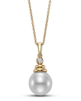 Bloomingdale's Fine Collection - Cultured Freshwater Pearl & Diamond Pendant Necklace in 14K Yellow Gold, 16"-18"