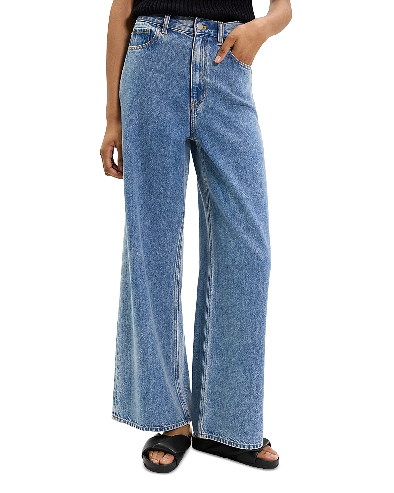 Theory High Waisted Wide Leg Jeans in Ice Blue Cotton-Blend