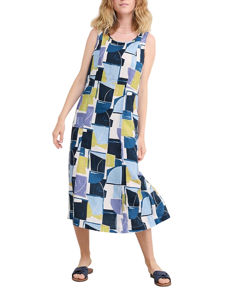 Seasalt Cornwall Grass Wave Print Sleeveless Linen Midi Dress In Blue