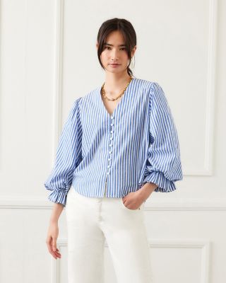 Stripe Layered Sleeve Shirred Blouse	