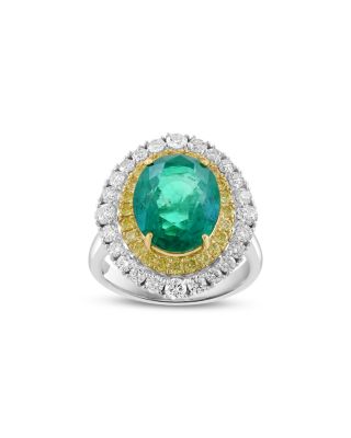 Emerald Double Halo Ring with White & Yellow Diamonds in 18K Yellow & White Gold