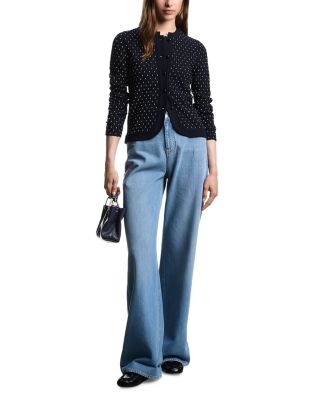 Striped and Polka Dot Jacquard Motif Cardigan Sweater