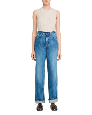 Wide Leg Striped Jeans in Blue Jean