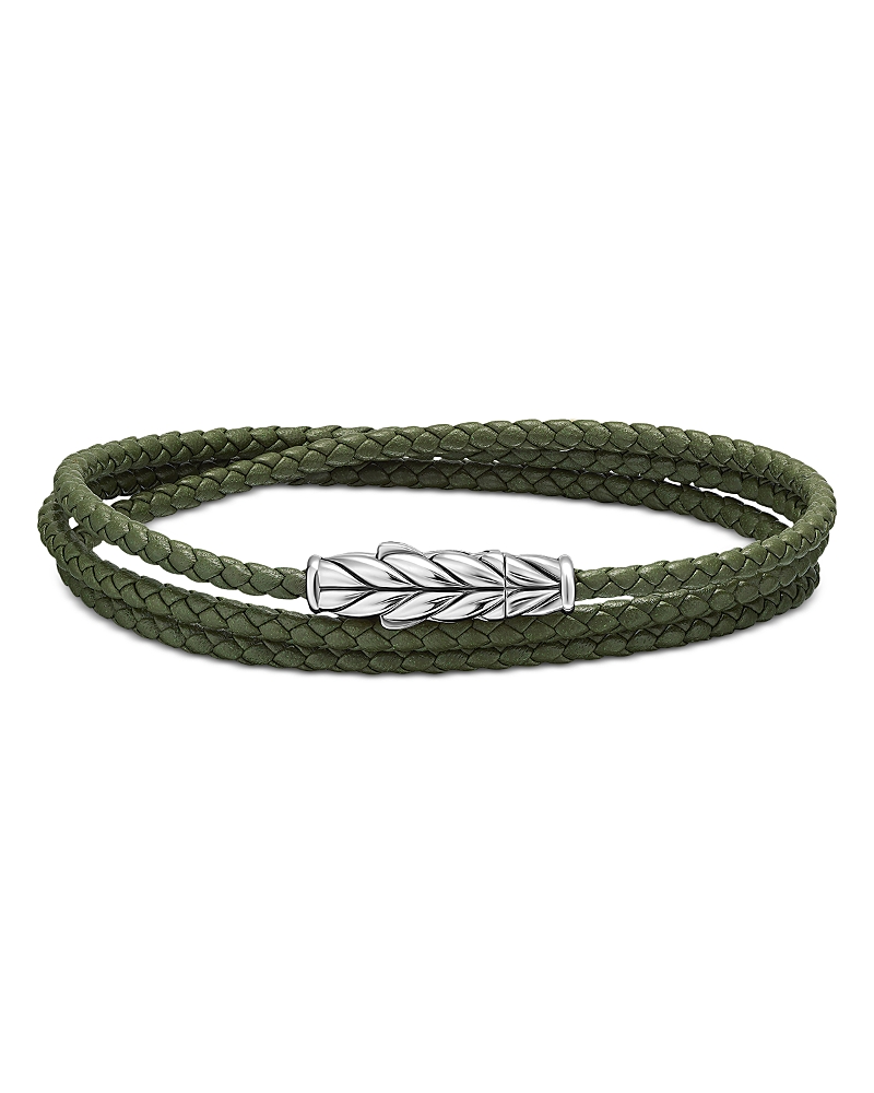 Men's Chevron Triple Wrap Bracelet in Green Leather with Sterling Silver, 3mm