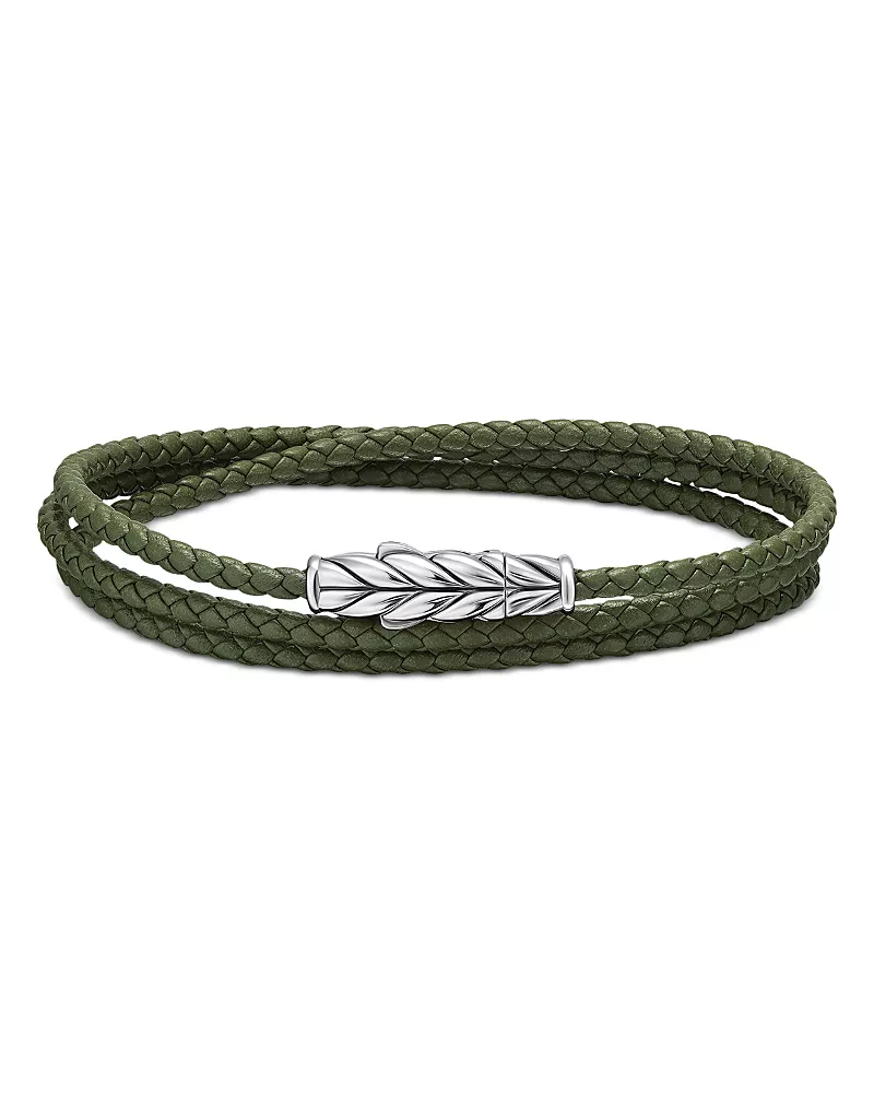Men's Chevron Triple Wrap Bracelet in Green Leather with Sterling Silver, 3mm