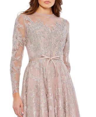 Embellished Bow Belt Illusion Long Sleeve A Line Dress