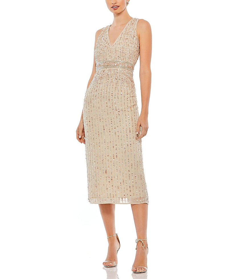 Mac Duggal Sequined Sleeveless V-Neck Midi Sheath Dress