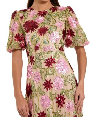 Floral Embroidered Mesh Gown with Statement Sleeves