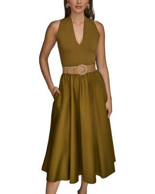 Sateen A Line Belted Midi Dress