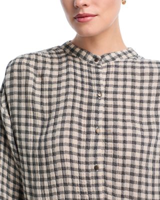 Plaid Shirred Mandarin Collar Shirt