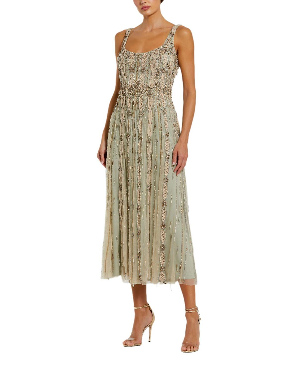 Mac Duggal Embellished Mesh Sleeveless Scoop Neck Midi Dress