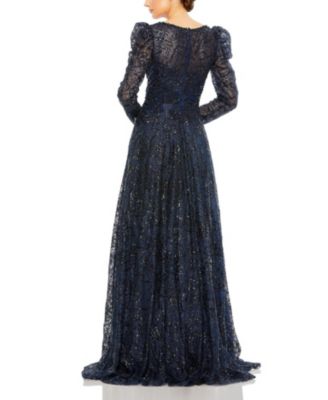 Embellished V-Neck Long Sleeve A Line Gown