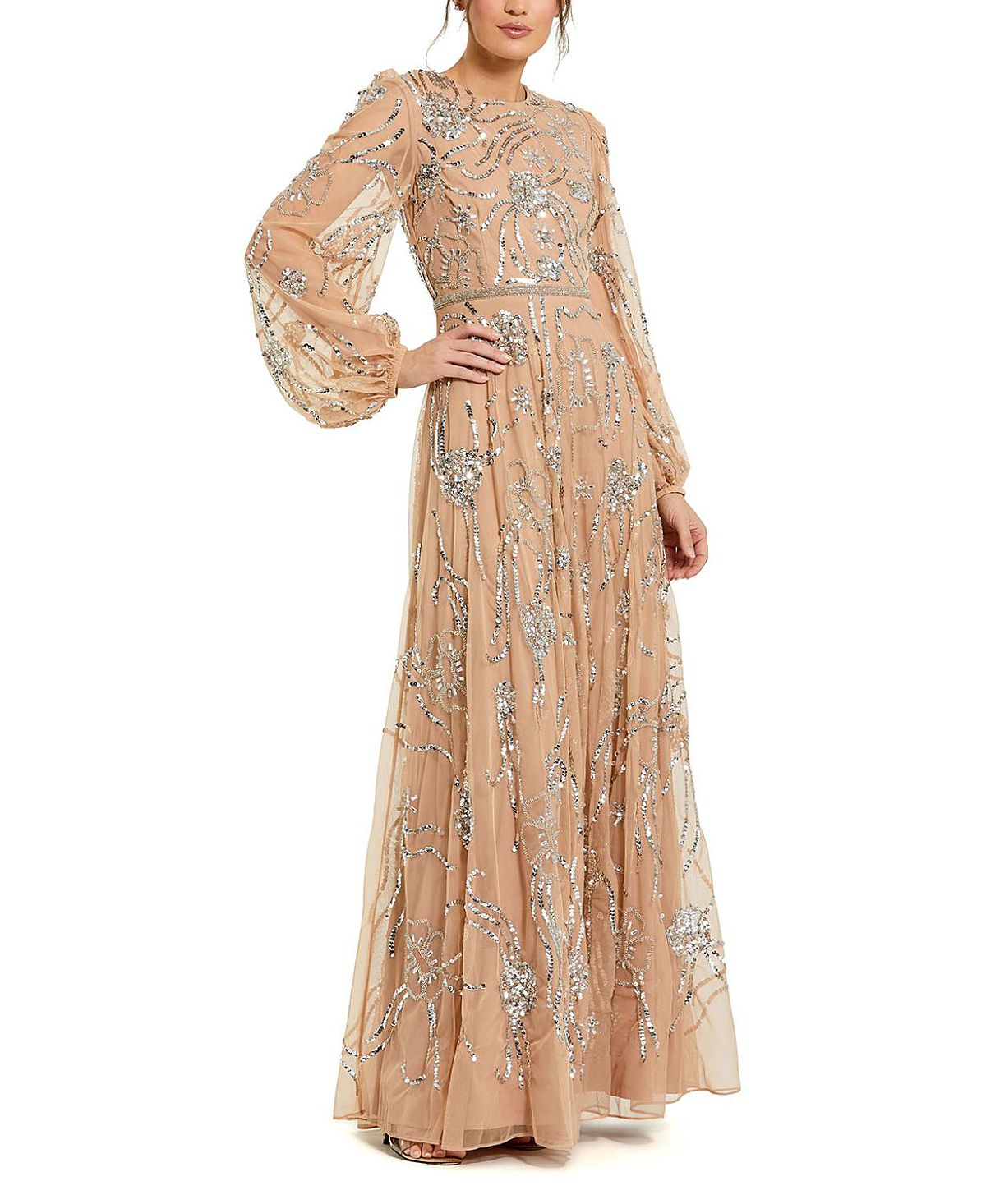 Mac Duggal Embellished High Neck Puff Sleeve Gown