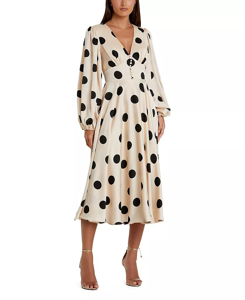 Mac Duggal Polka Dot Charmeuse Long Sleeve V Neck Midi Dress